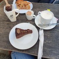 Chocolate cake and cappuccino (vegan), apple pie and hot chocolate (veggie) at Chocolate House - Herbes in Luxembourg City