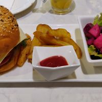 braised monkeyhead mushroom cheeseburger, with fried sweet potatos and pear and beets salad. it tastes amazing! at Leisurely Veggie - Causeway Bay  in Hong Kong Island