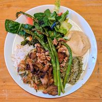 Vegan Rice Platter with Leek Beetroot Tomato Stew, Grilled Oyster Mushrooms and Asparagus, Watermelon Salad, Walnut Purée at Robin Food in Amsterdam