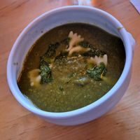 Excellent spinach soup with farfalle for starters. at Robin Food in Amsterdam