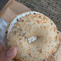 Everything bagel with plain cream cheese at Bagels & Beans - Haarlemmerstraat in Leiden