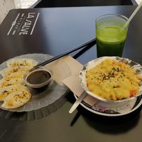 Dumpling and chickpea salad. SO TASTY at La Camelia Vegan Bar in Bilbao