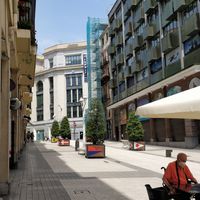 Street of the cafe at La Camelia Vegan Bar in Bilbao