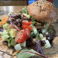 “New” burger with a small side salad  at La Camelia Vegan Bar in Bilbao
