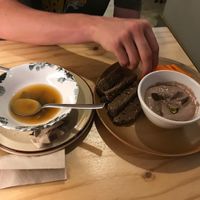 Miso soup and a very good dip (tofu & olives) at La Camelia Vegan Bar in Bilbao