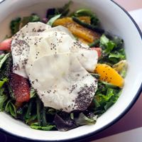 Green beans, celeriac, pink  grapefruit salad with radishes, mix green salad, humeboschi vinaigrette, ginger and chia seeds at Frulez in Bari