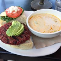 black bean burger and cauliflower cashew cream soup at Northstar Cafe - Short North in Columbus