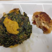 Spinach & Mushroom Tarte & "Crab" Cake at Harmony Bakery in Baltimore