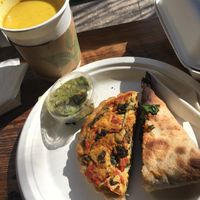 Vegan quiche & samosa burrito with golden mylk at Harmony Bakery in Baltimore