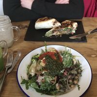 Salad plate with vegan pesto and hummus, and a falafel wrap.  at Beyond the Kale in Bath