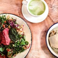 roasted veggie wrap, salad plate and matcha latte at Beyond the Kale in Bath
