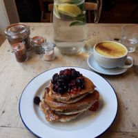 Pancakes and turmeric latte at Beyond the Kale in Bath