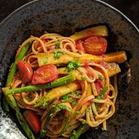Spaghetti with tomato pasta sauce, vegetables and garlic at Cin Cin in Wellington