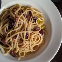 Plain pasta with olive oil, garlic and olives at Cin Cin in Wellington