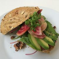 delicious: bread with beetroot humus, avocado and marinated chioggia beets at FOAM in The Hague