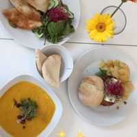 Quesadillas, the burger of the day (today, a chickpea patty) and the carrot-ginger-coconut soup. (All vegan and very tasty) at FOAM in The Hague