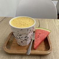 Turmeric latte with coconut milk: a bit too strong for me at FOAM in The Hague