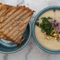 potato leek soup with bread at FOAM in The Hague