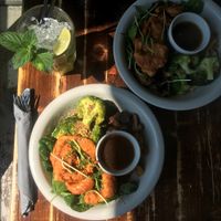 Rice bowl with spinach, broccoli and vegan prawns. at The Bowl - Warschauer Str in Berlin