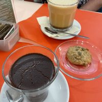 Hot chocolate & banana biscotti. Almond caffe freddo  at Sweet Irene in Bergamo