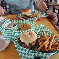 BBq sandwich and fries, crabby dip, Burger with mac and cheese and cole slaw. all good! at Bean Vegan Cuisine in Asheville