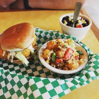 Fishless sandwich and hash brown casserole. Both AMAZING at Bean Vegan Cuisine in Asheville