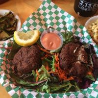 Crab cakes with 2 sides : mac'n'cheese and grilled zucchini  at Bean Vegan Cuisine in Asheville