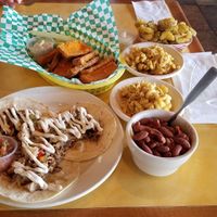 Jackfruit tacos and tofu fried fingers with fried pickles, mac 'n' cheese and red beans with rice at Bean Vegan Cuisine in Asheville