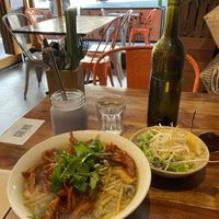 Bamboo Noodle Soup (crispy duck, tofu, noodles, mushrooms) with a Taro Frappé  at Fina's 2 in Fitzroy