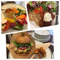Hummus plate, chicken nam ban plate and a tofu teriyaki burger. All absolutely delicious  at Cori in Tokyo
