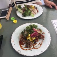 vegan plate with soy nuggets at Cori in Tokyo