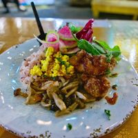 My food choice for the evening. Had some rice, tofu scramble, mushrooms and pickles. at Cori in Tokyo