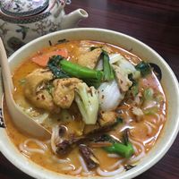‘red flower’ noodles in curry coconut milk broth at Thai Vegan 安泰來泰式素食 in Macau