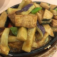Sizzling eggplant with mock fish steak and tofu. Delicious and great presentation. at Veggie Lee in Hayward
