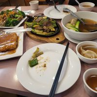Won ton soup, sizzling mushroom beef, soy sauce fried tofu, thai fish at Veggie Lee in Hayward