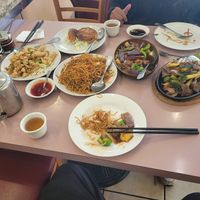 Salt and pepper mushrooms w sweet sauce, pot stickers, soy sauce cow mein, satay eggplant, sizzling beef and mushrooms at Veggie Lee in Hayward