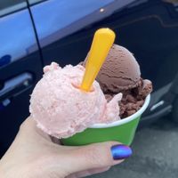 Pineapple Strawberry (“Lava Flow”) and Dark Chocolate   at Sea Star Gelato in Seaside