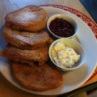 Pancakes with sour cherry saue at Vege Bistro - Polish Vegan Food in Warsaw