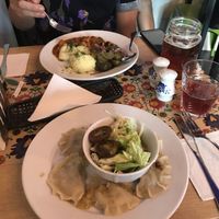 Potato cheese dumplings & Gulasch  at Vege Bistro - Polish Vegan Food in Warsaw