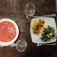 Delicious Spanish 'Gazpacho' and a Corn 'steak' with organic salad. Healthy, vegan, CHEAP and organic. at Botanique in Madrid