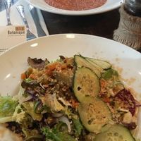 Tomato soup and salad to start. at Botanique in Madrid