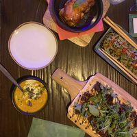 Aubergine cannelloni, dumplings, flammkuchen, en pompoen wortel soep  at Rebel Rebel in Dordrecht