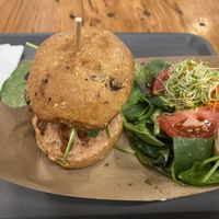 Bbq jackfruit burger with salad at Plant Theory in Miami