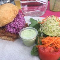 jackfruit burger with side salad at Plant Theory in Miami