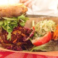 One of the jackfruit burgers, with salad at Plant Theory in Miami