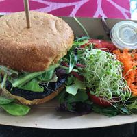 Portobello mushroom burger with salad. Delicious! at Plant Theory in Miami