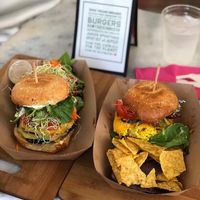Burgers with choice of salad or tortilla chips at Plant Theory in Miami