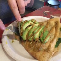 Vegan savoury crepe (filling: mushroom, spinach, vegan cheese, pesto & hummus, topped with avocado)  at Eldur og Is - Fire and Ice in Reykjavik