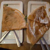vegan pancake with vegan cheese and spinach, vegan pancake with caramelised apple and maple syrup at Eldur og Is - Fire and Ice in Reykjavik