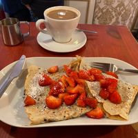 dark chocolate and strawberry crepe with oat milk americano at Eldur og Is - Fire and Ice in Reykjavik